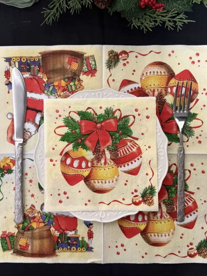 GUANYAO Weihnachtsservietten mit Santa Claus, Glocken, Kranz und Tannenzapfen Motiv, 2-lagig, 20 Stück, Multicolour - Bild 7
