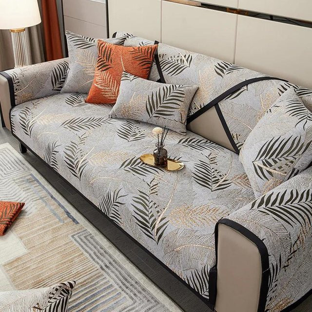 Rutschfester Chenille Sofabezug mit Weidenblattmuster in Grau, Modernes Design für dein Sofa, B/H: 70 x 70 cm - Bild 1