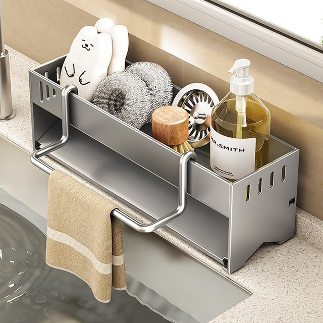 Multifunktionales Küchenregal aus Edelstahl für Lappen und Schwämme, silberfarben, rechteckig und freistehend - Bild 1