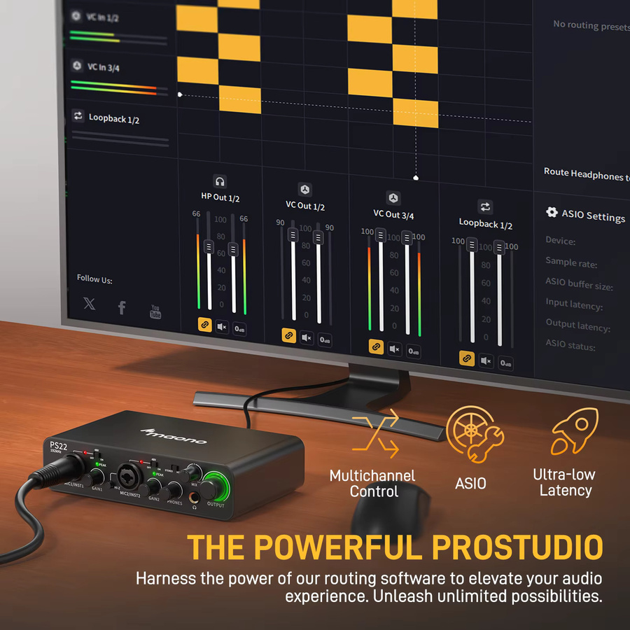 Maono PS22 USB-Audio-Interface in Schwarz mit 60dB Pro-Preamp, 24Bit 192kHz und Dual-USB-Schnittstelle für PC und Smartphone zur Musikproduktion, Podcast und Streaming - Bild 6