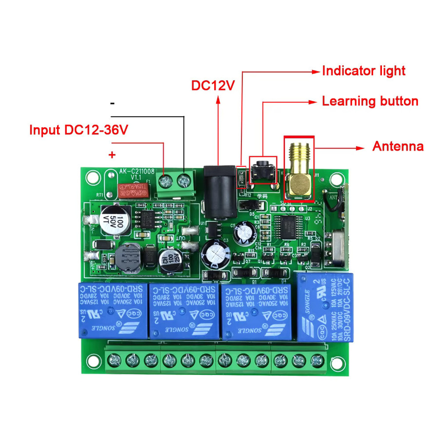 CENTURY AOKE 4-Kanal RF Funkfernbedienungsschalter mit Langstrecken-Empfänger DC 12V 24V 36V 433MHz - Bild 2