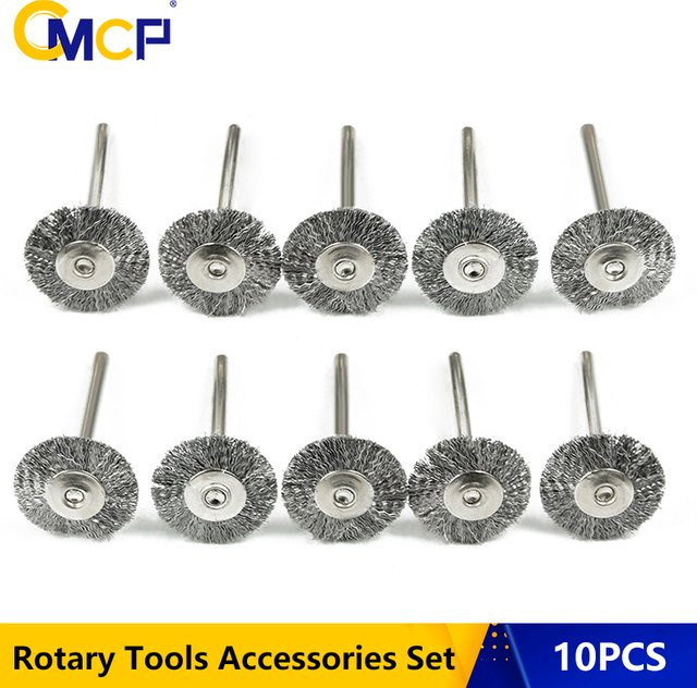 CMCP Polierdrahtbürsten-Set 10 Stück mit 22 mm Durchmesser und 3,0 mm Schaft aus Edelstahl, Nylon und Messing zum Polieren und Schleifen für Dremel-Rotationswerkzeuge - Bild 1