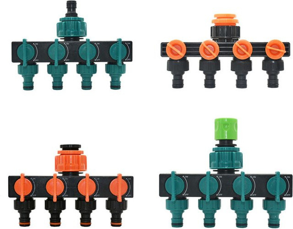 4-Wege-Splitter für die Tropfbewässerung mit Schnellanschluss für Wasserleitungen 1/2 Zoll, 3/4 Zoll und 1 Zoll