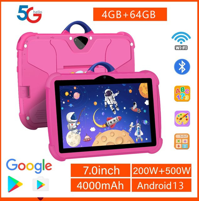 BDF Kinder Tablet 7 Zoll mit 5G WiFi, Quad Core, 4GB RAM und 64GB ROM inklusive Schutzhülle, Blau oder Pink - Bild 1