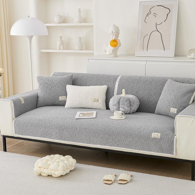Modernes Lammwoll-Sofa-Handtuch aus Plüsch, rutschfester Couchbezug, Grau, Breite: 70 cm, Höhe: 70 cm - Bild 1