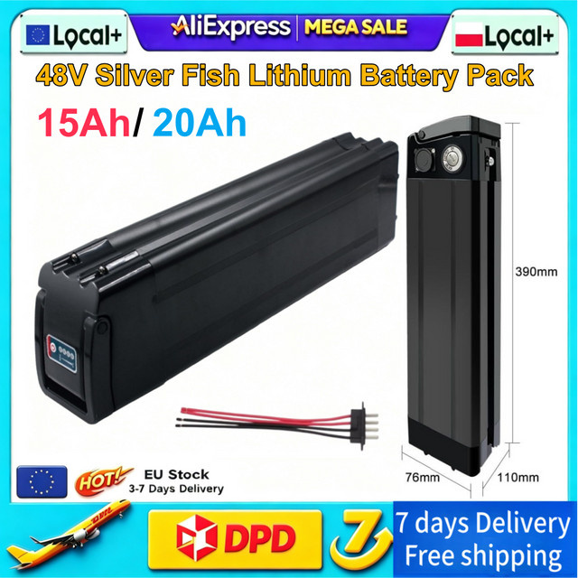 Aleaivy Silver Fish Lithium-Ionen-Akku 48V 20Ah in Schwarz mit 4-Pin-Anschluss und XLR-Ladegerät für E-Bike Ersatzteile - Bild 1