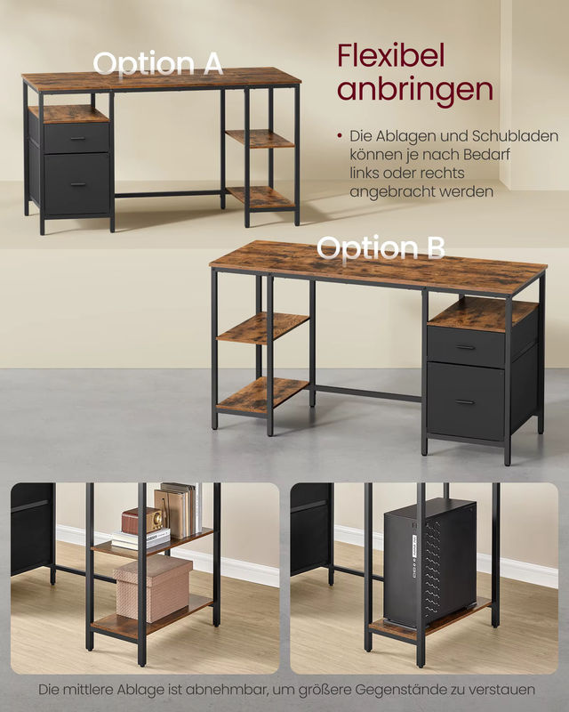 Vasagle Schreibtisch mit 3 Ablagen in Braun-Schwarz, B/T/H: 140 x 60 x 76 cm - Bild 3