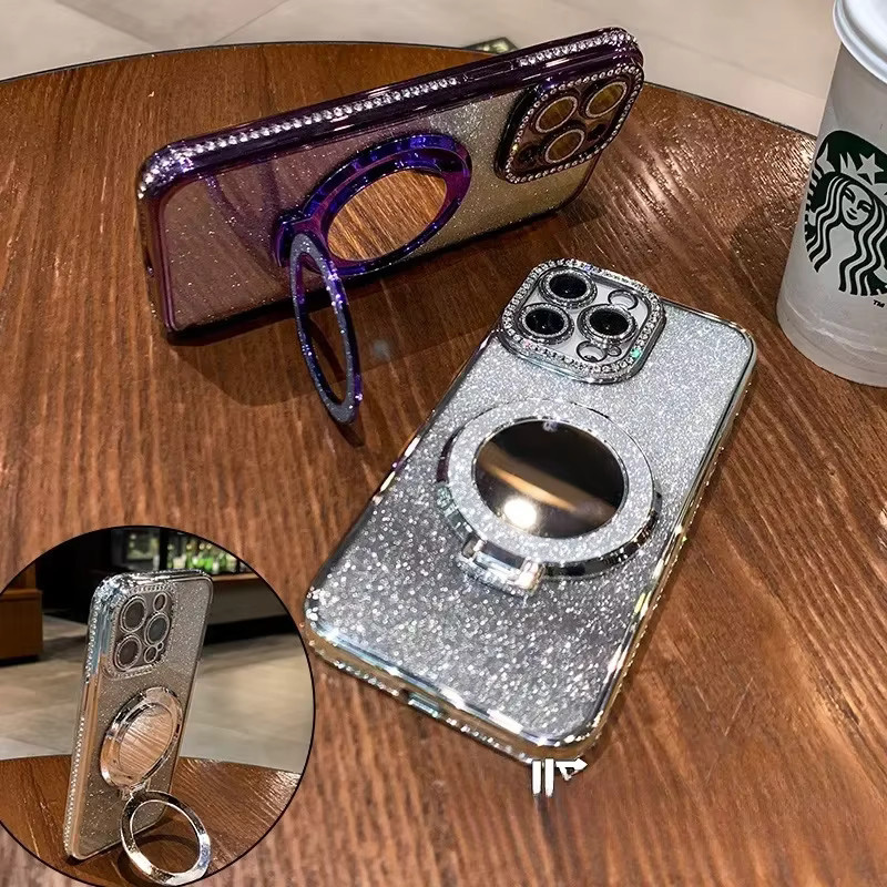 MagSafe Handyhülle mit Diamant-Glitzer-Effekt und Spiegel-Funktion für Apple iPhone 11 bis iPhone 16 Pro Max in Transparent und Gold - Bild 2