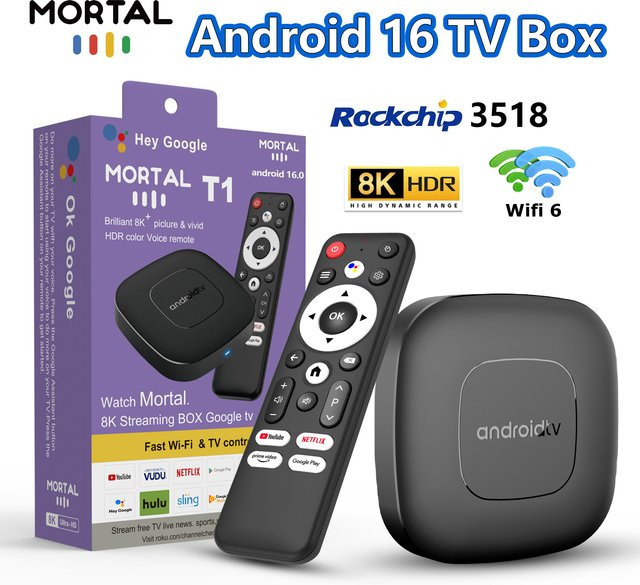 Mortal T1 Smart Home Theater TV-Box Android 16 mit Rockchip RK3518, WiFi 6 und Bluetooth 5.4, Schwarz - Bild 1
