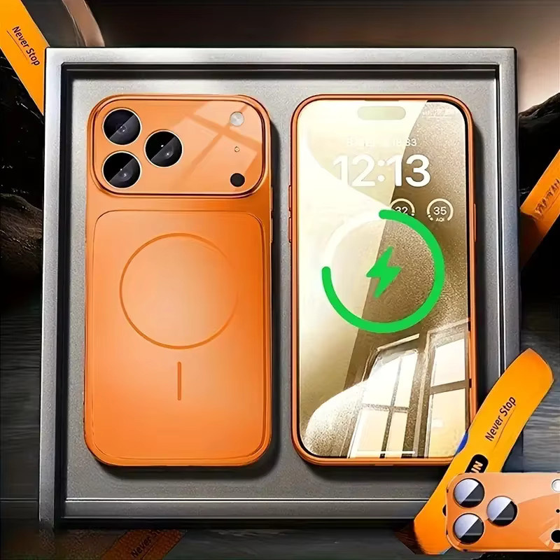 Luxus AG Glas Rückabdeckung Magnetische Handyhülle mit Linsenschutz für Apple iPhone 17 Pro Max Air, iPhone 16, 15, 14, 13 Pro Max in Silver und Orange - Bild 2