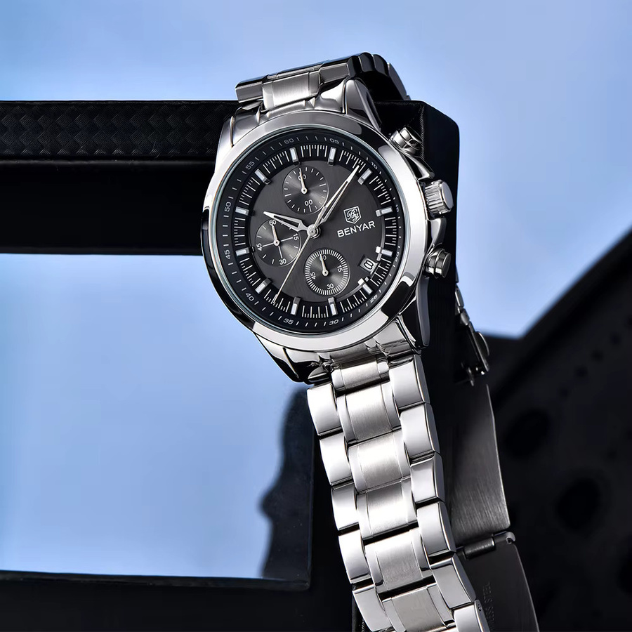 BENYAR Armbanduhr, Quarz, Edelstahl, Schwarz, Silber, Herren - Bild 4