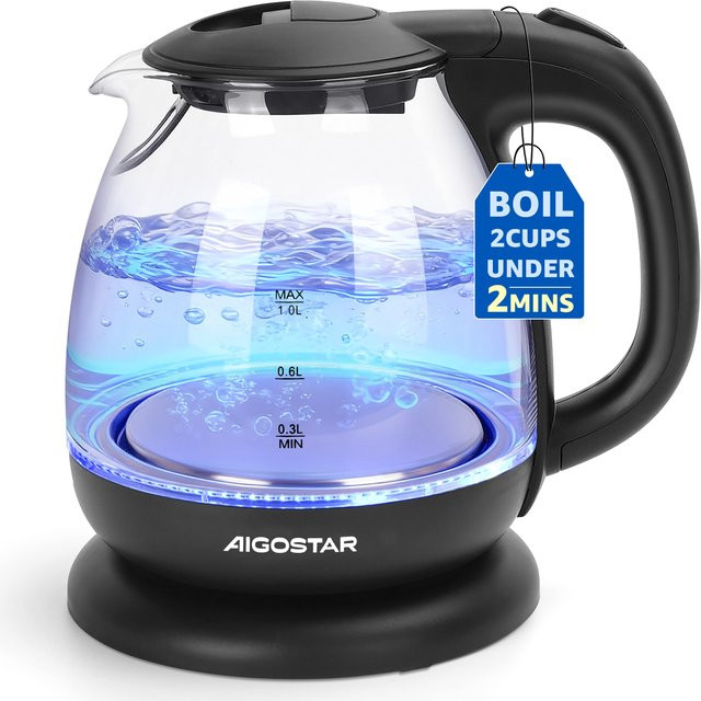 Aigostar Elfin Mini-Wasserkocher aus Borosilikatglas mit LED-Beleuchtung, 2200 W, 1 l, Schwarz - Bild 1