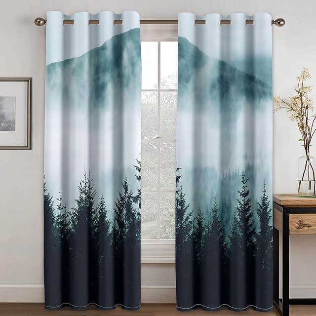 Zweiteiliges Vorhangset mit Wald-Print in Natur-Optik, halbtransparent, Mehrfarbig, B: 50 cm, H: 130 cm - Bild 1