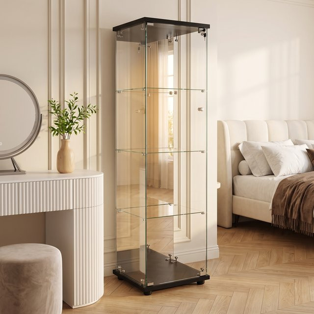 Comanlai Moderne 4-stöckige Glasvitrine mit Spiegelrückwand und LED-Beleuchtung, abschließbarer Schaukasten aus gehärtetem Glas für Sammlerstücke, B/T/H: 36,5 x 42,5 x 164 cm - Bild 1