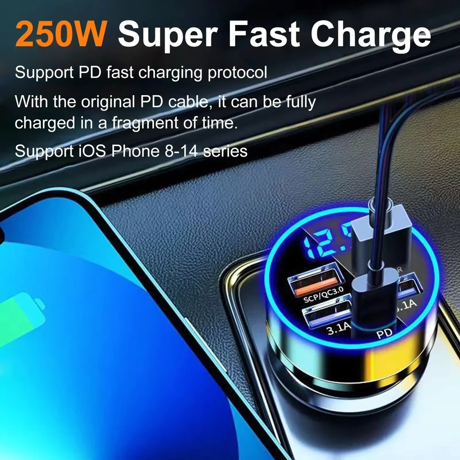 6-in-1 Autoladegerät mit 250 W PD und QC3.0 Schnellladung, 6-Port Zigarettenanzünder-Stecker mit Digitalanzeige, Schwarz - Bild 3