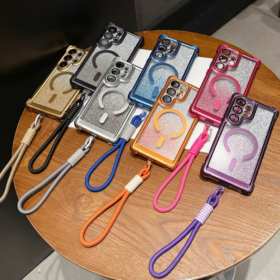 Glitzer-Handyhülle mit magnetischem Trageriemen und Farbverlauf in Blau für Samsung Galaxy S25 S24 S23 Ultra Plus FE mit Airbag-Schutz - Bild 3