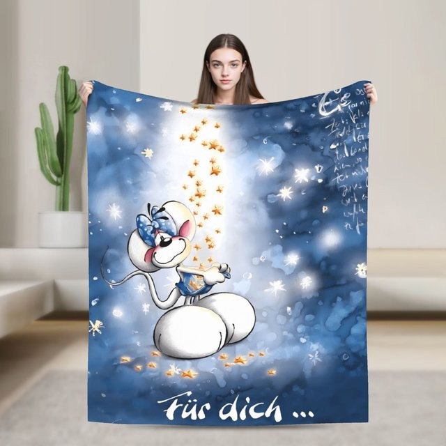 Weiche Flanell-Tagesdecke mit Diddl Cartoon-Motiv in Blau für Sofa und Bett - Bild 1