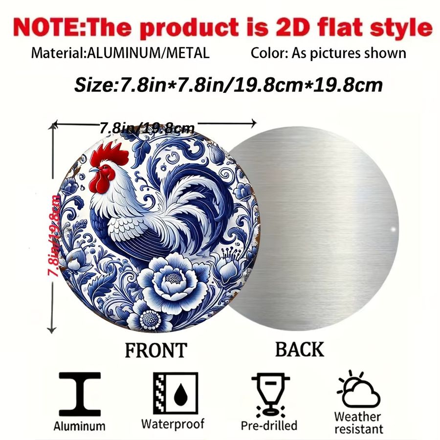 Potdemiel Wanddekoration aus Aluminium im mediterranen Azulejo-Stil mit Blumen- und Hahn-Motiv in Blau und Weiß - Bild 2