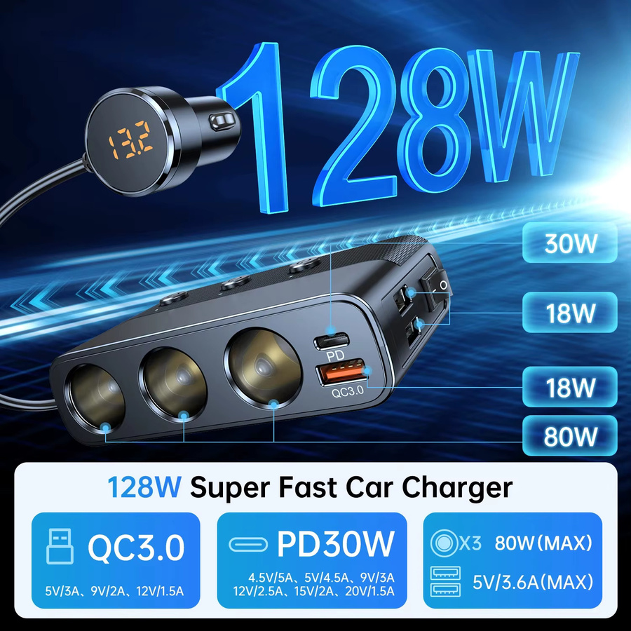 PHONEPACE 7-in-1 Autoladegerät-Splitter mit 127 W, PD30W und QC3.0, Zigarettenanzünder-Adapter mit Schalter, Schwarz - Bild 3