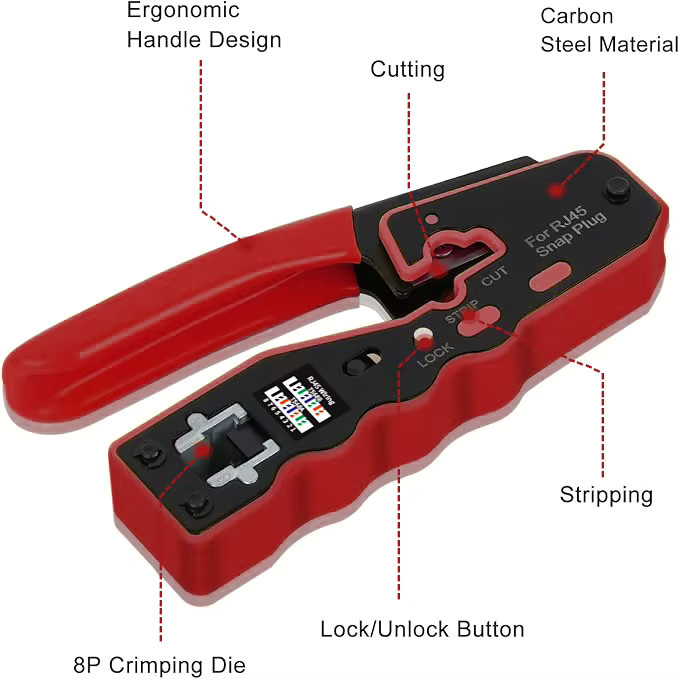 SHOYEE RJ45 Crimpwerkzeug-Kit in Rot mit Ethernet-Crimpzange und Tester für Cat5e Cat6 Cat6a 8P8C modulare Steckverbinder - Bild 3