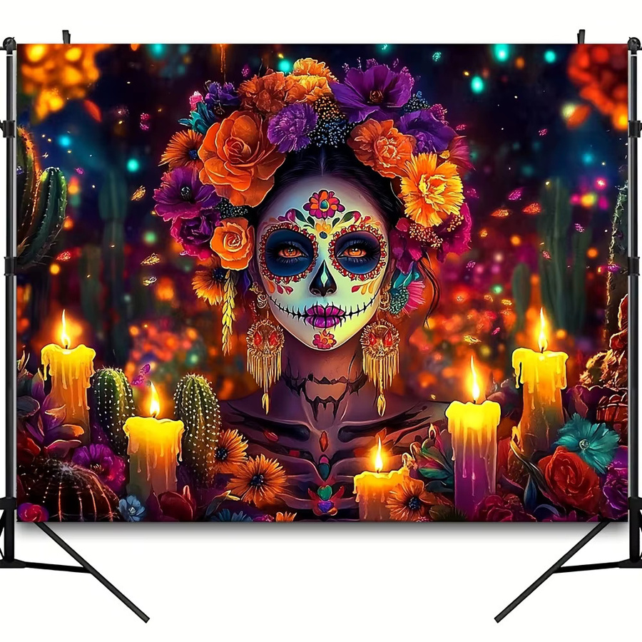 VIKAMA Day of the Dead Banner mit Candy Skulls und floralem Design, Mehrfarbig, B/H: 75 x 75 cm - Bild 5