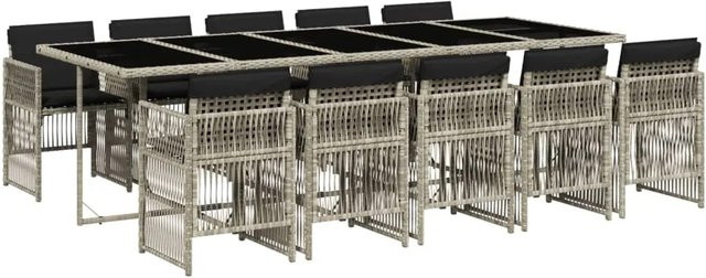 vidaXL 11-teilige Garten-Essgruppe aus Poly Rattan mit Kissen in Hellgrau und Hartglas-Tischplatte - Bild 1