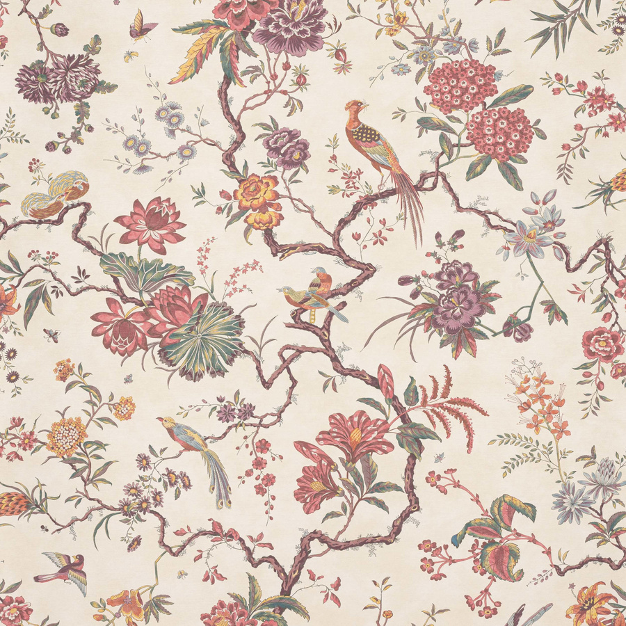 Manuel Canovas Tapete Pavillon de Bidaine Cardinal in Pink, Purple und Multicolour mit floralem und botanischem Muster sowie Tiermotiven - Bild 1