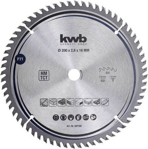 Kwb Hartmetall Kreissägeblatt für Holz und Kunststoff, Farbe: Silber, Durchmesser: 200 mm, Bohrung: 16 mm - Bild 1