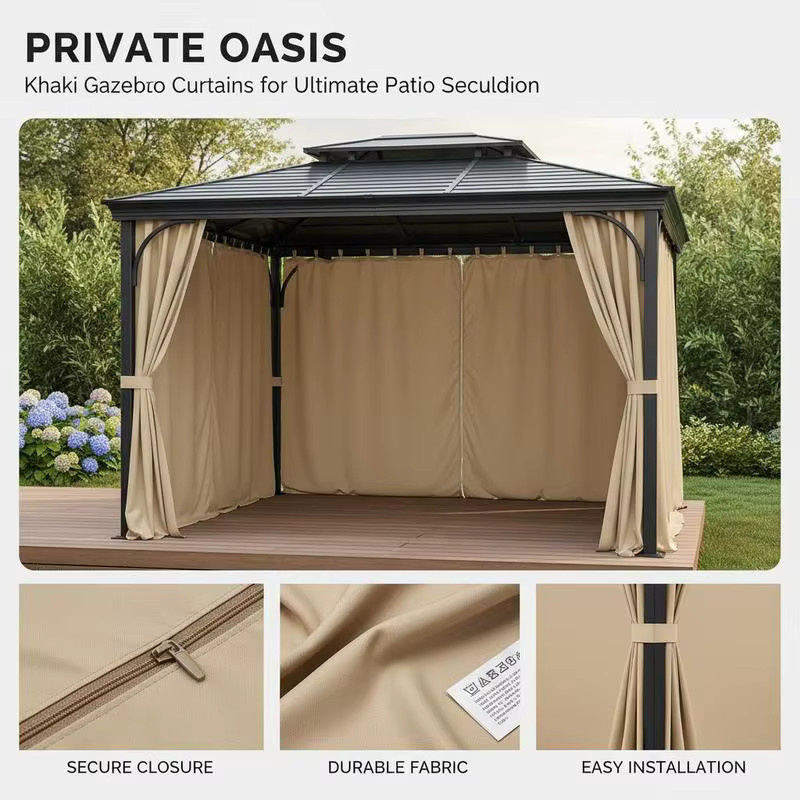 Curvain Gazebo Sichtschutzvorhänge mit Reißverschlüssen, 4-teiliges Set als Sonnenschutz für Terrassendächer, Farbe: khaki, B/T/H: 284 x 284 x 204 cm - Bild 4