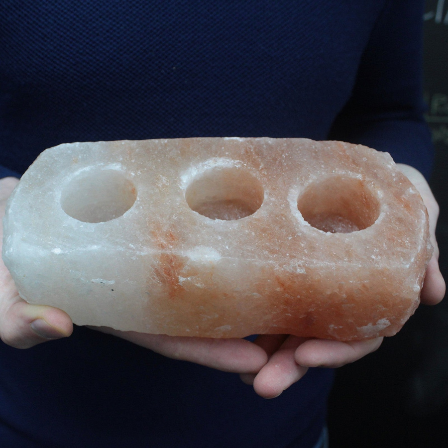 SHAMTAM Himalaya-Salz-Kerzenhalter mit 3 Löchern für Teelichter aus Himalaya-Kristallsalz in Cremeweiß, Blütenrosa und Glutrot - Bild 3