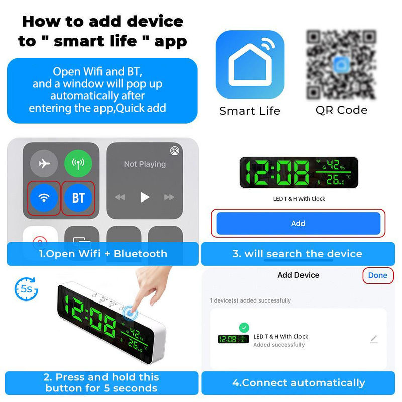 Tooarts WiFi Digitaluhr mit LED Zeitanzeige, Temperatur- und Feuchtigkeitssensor sowie APP-Steuerung, weiß - Bild 4
