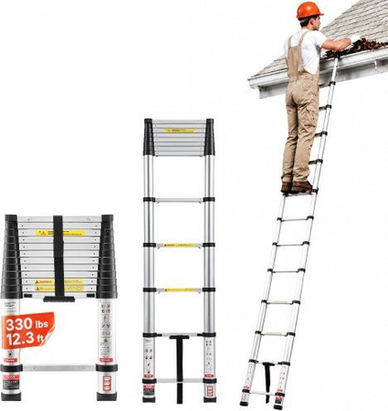 VEVOR Teleskopleiter aus Aluminium in Silber, Mehrzweck-Klappleiter mit Einhand-Einzug, belastbar bis 150 kg, Höhe: 374 cm