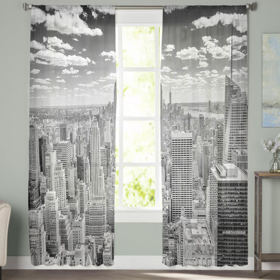 Grauer transparenter Voile-Vorhang mit New York City-Motiv und Ösen, moderner Tüllvorhang für Wohnzimmer, Küche oder Schlafzimmer, Breite: 100 cm, Höhe: 250 cm - Bild 3