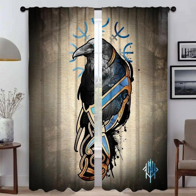 Elegante Wikinger Zimmervorhänge mit Odins Raben Muninn, 2er-Set, Mehrfarbig, B: 50 cm, H: 70 cm - Bild 1
