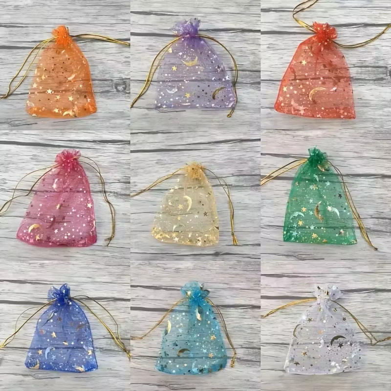 Transparente Gaze-Beutel mit Mond- und Sternenmuster und Kordelzug in gemischten Farben für Schmuck und Hochzeitsgeschenke - Bild 3
