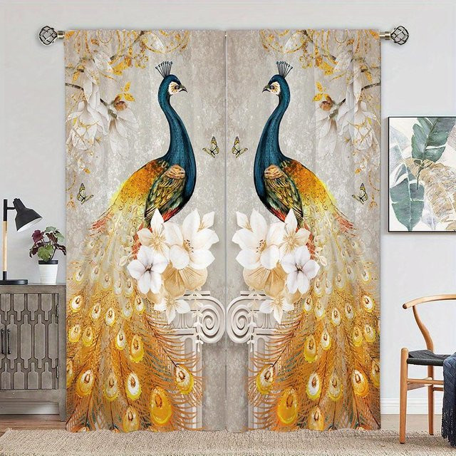 Dekorative Gardinen mit Pfau-Motiv in Beige und Blau, 2er-Set mit Taschenvorhang, halbtransparent, Breite: 100 cm, Höhe: 130 cm - Bild 1