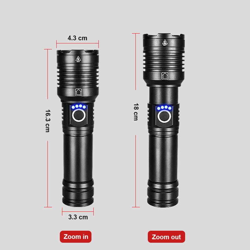 Pawell Ultrahelle LED-Taschenlampe mit 100000 Lumen, wiederaufladbare Hochleistungs-Handtaschenlampe mit Zoom in Schwarz aus Aluminium - Bild 7