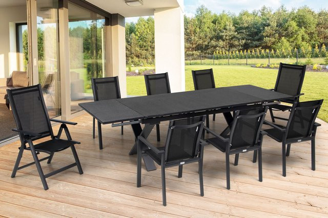 OUTFLEXX Garten-Essgruppe in Anthrazit Matt mit ausziehbarem Tisch und 8 Sitzgelegenheiten aus Aluminium, Spraystone und Textil - Bild 1
