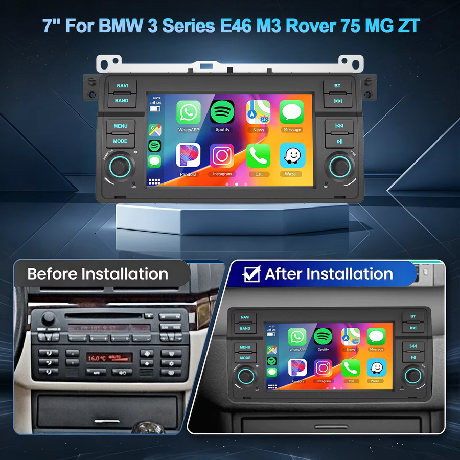 ESSGOO Android 15 Autoradio mit 7 Zoll IPS Touchscreen, 2+64G, kabelloses Carplay, Android Auto, GPS, Bluetooth, Wifi und Mirror Link für BMW 3er E46 M3, Rover 75 und MGZT, Schwarz - Bild 2