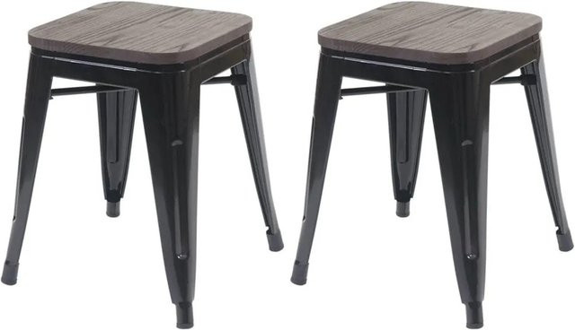 MCW 2er Set Hocker A73 im Industrial Design mit Holz-Sitzfläche und schwarzem Metallgestell, stapelbar, Schwarz/Braun, Breite: 39,0 cm, Tiefe: 39,0 cm, Höhe: 45,5 cm - Bild 1
