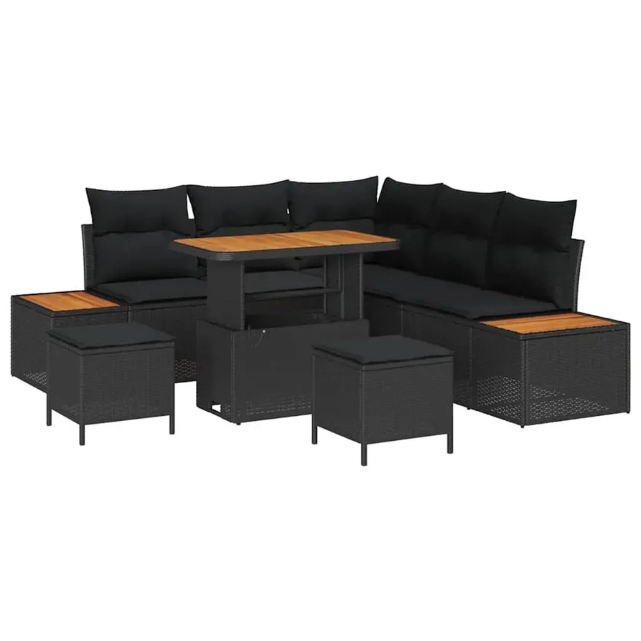 vidaXL Garten-Sofa-Set 8-teilig mit Kissen aus Poly Rattan und Akazienholz in Schwarz - Bild 2