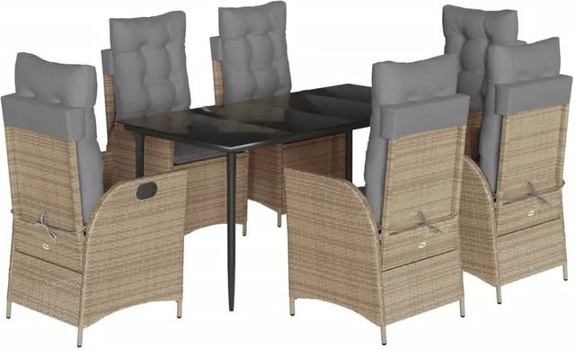 vidaXL 7-teilige Garten-Essgruppe aus Poly Rattan mit Kissen in Beige und Tisch mit gehärtetem Glas - Bild 1