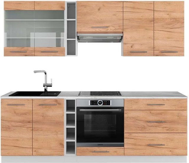 Vicco Fame-Line Küchenzeile Goldkraft in Eiche und Weiß mit Marmor-Optik, Breite: 235 cm - Bild 1