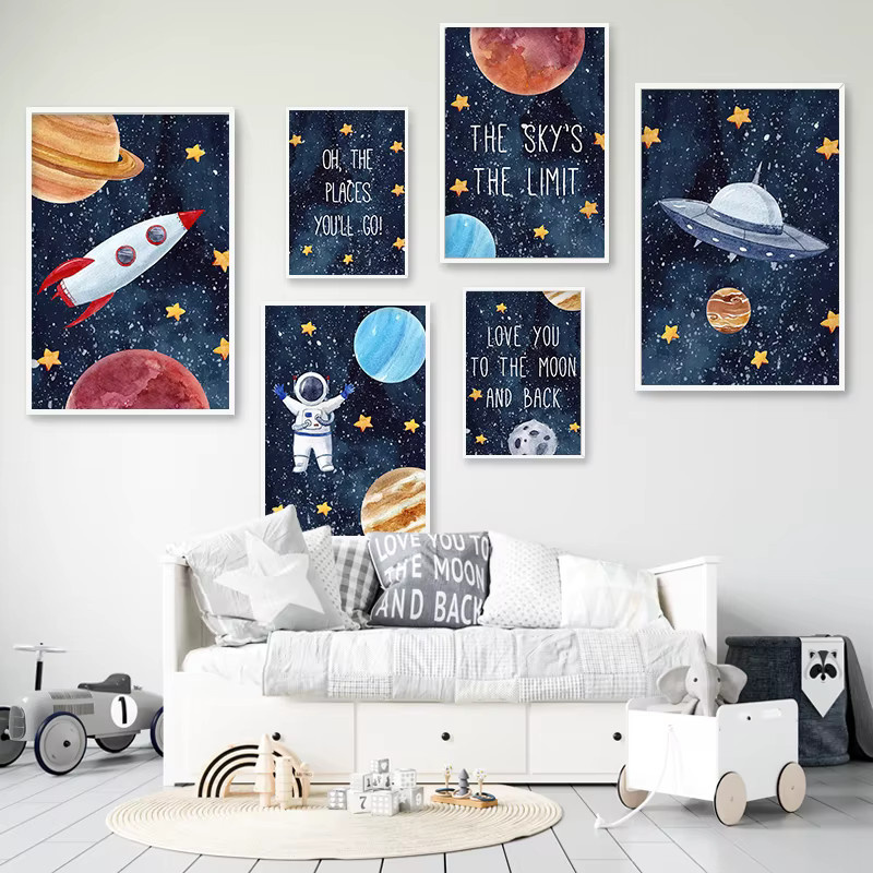 Potdemiel Wandbild Astronaut mit Rakete, Mond und Sternen im Nordic Design, Mehrfarbige Leinwand Kunst für das Kinderzimmer - Bild 2