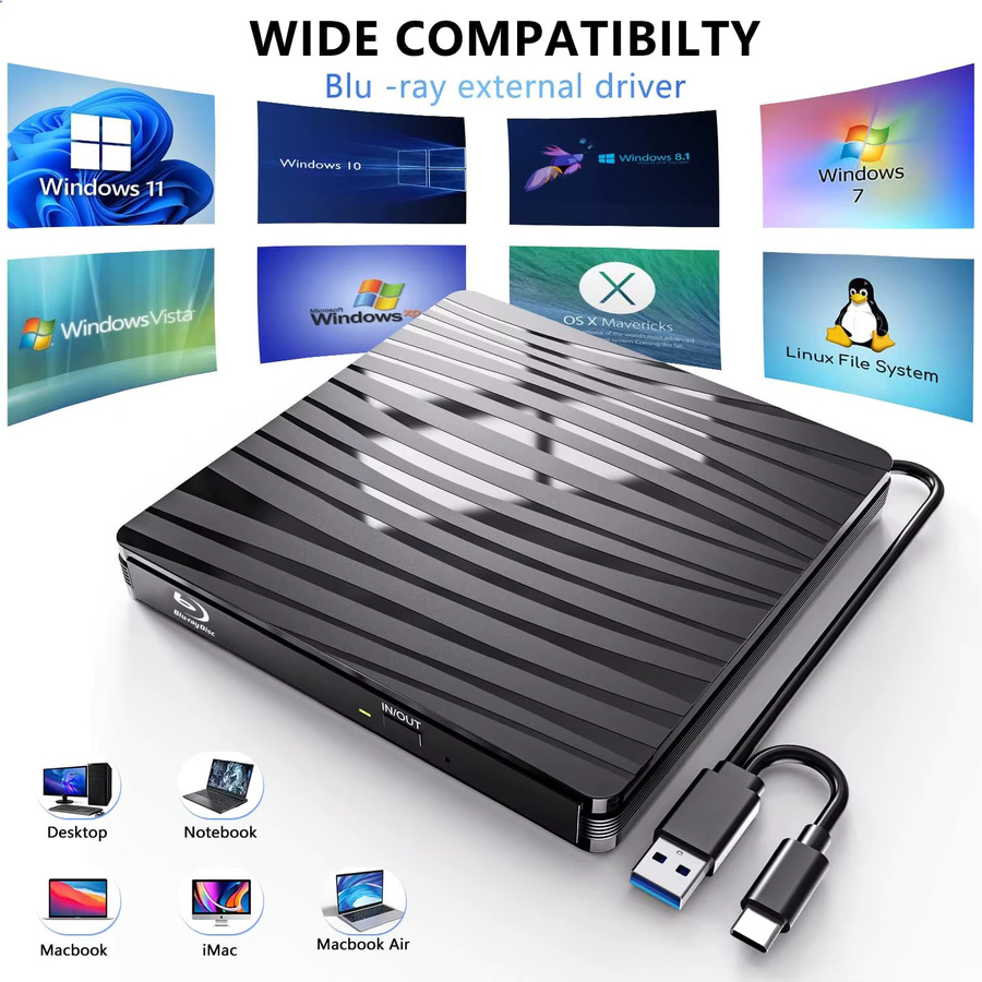 LJIAL Externes Blu-ray-Laufwerk mit USB 3.0, Tragbarer BD-RW-Brenner und DVD-CD-Player für Laptop und PC, Schwarz - Bild 6