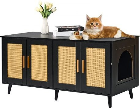 VEVOR Katzentoilettengehäuse aus Holz mit Rattan-Türen für 2 Katzen, Katzentoilettenschrank in Schwarz, B: 40,1 cm, T: 119,4 cm, H: 55,6 cm - Bild 1
