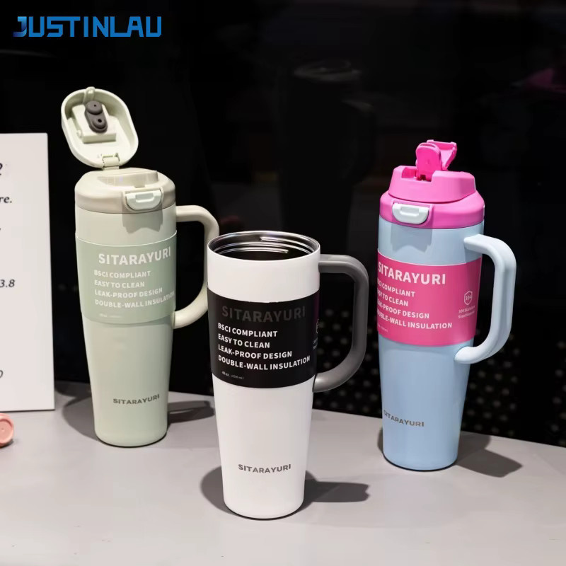 JUSTINLAU Isolierter Edelstahl Thermosbecher mit Strohhalm und Griff, 1,2 l, Schwarz oder Weiß - Bild 2