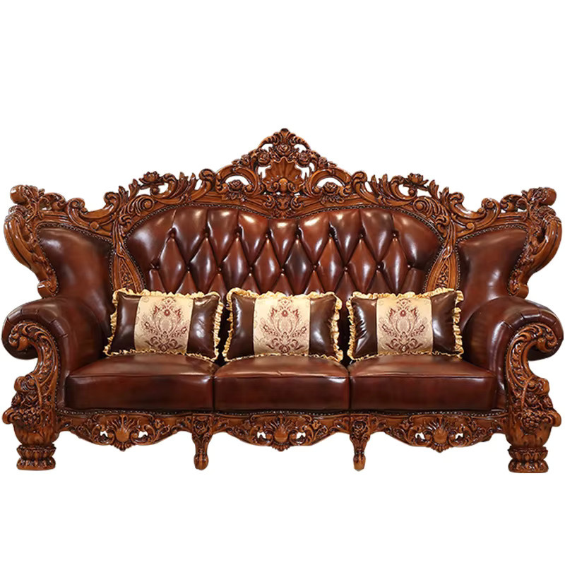 HYS Sofa Set aus echtem Leder in Braun mit Massivholzgestell im europäischen Vintage-Stil - Bild 3