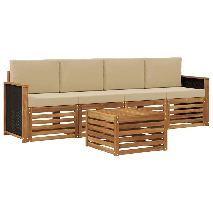 vidaXL Outdoor-Sofagarnitur aus Massivholz Akazie in Natur und Beige mit 5 Teilen und Polsterkissen - Bild 2