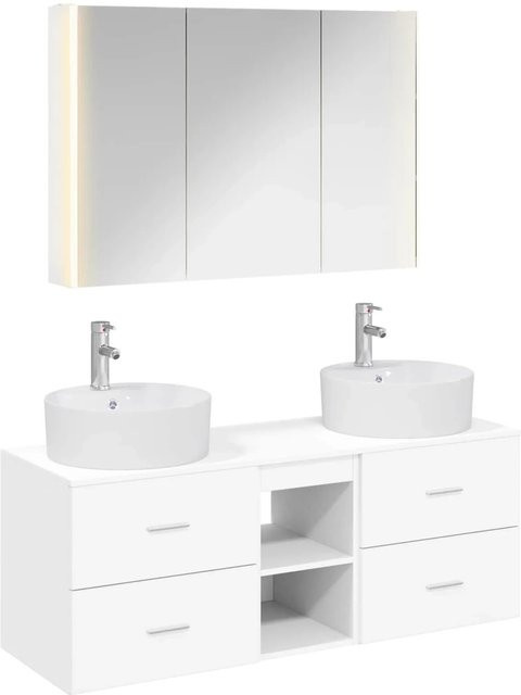 vidaXL Badezimmermöbel-Set 4-teilig in Weiß, modern gestaltet aus Ingenieurholz und Glas mit LED-Beleuchtung und Spiegelschrank - Bild 1